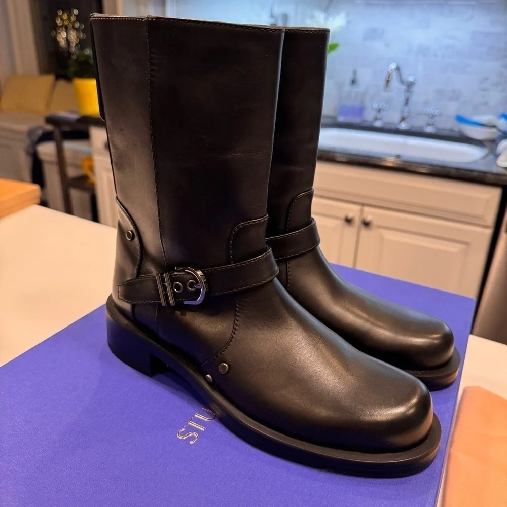 NEW! STUART WEITZMAN Maverick Black Leather Pull-On Boots Women's Sz 6.5